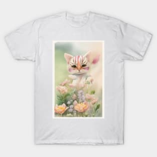 Cute Cat in the Flower Garden Soft Pastel Colors T-Shirt